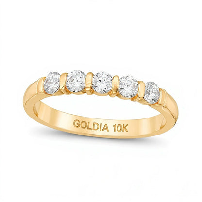 Memoire-Ring mit 0.5 ct. Gesamtgewicht weißen Diamanten im Rundschliff und vertikalem Steg in 10K Gelbgold