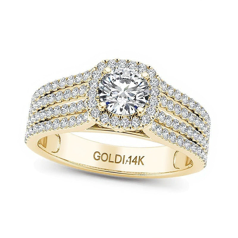 1.0 CT. TW Halo-Verlobungsring mit Diamanten, mehrreihig, in 14K Gelbgold
