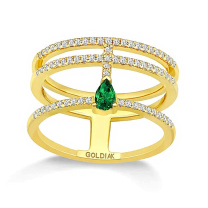 Fashion-Ring mit tropfenförmigem Smaragd und 0,25 ct. Gesamtgewicht Diamanten, mehrreihig, in 10K Gelbgold