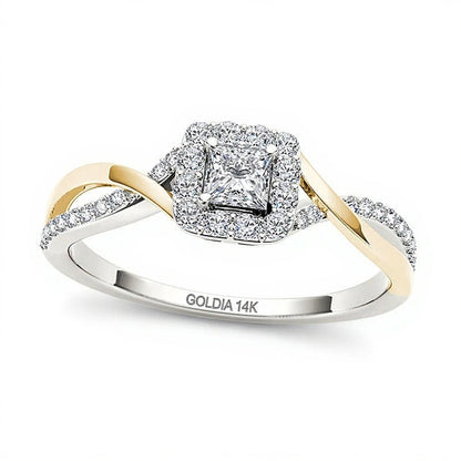 0.5 ct. Gesamtgewicht Verlobungsring Halo mit Diamanten im Princess-Schliff und quadratischer Fassung in 14K Gold zweifarbig