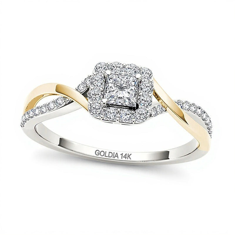 0.5 ct. Gesamtgewicht Verlobungsring Halo mit Diamanten im Princess-Schliff und quadratischer Fassung in 14K Gold zweifarbig
