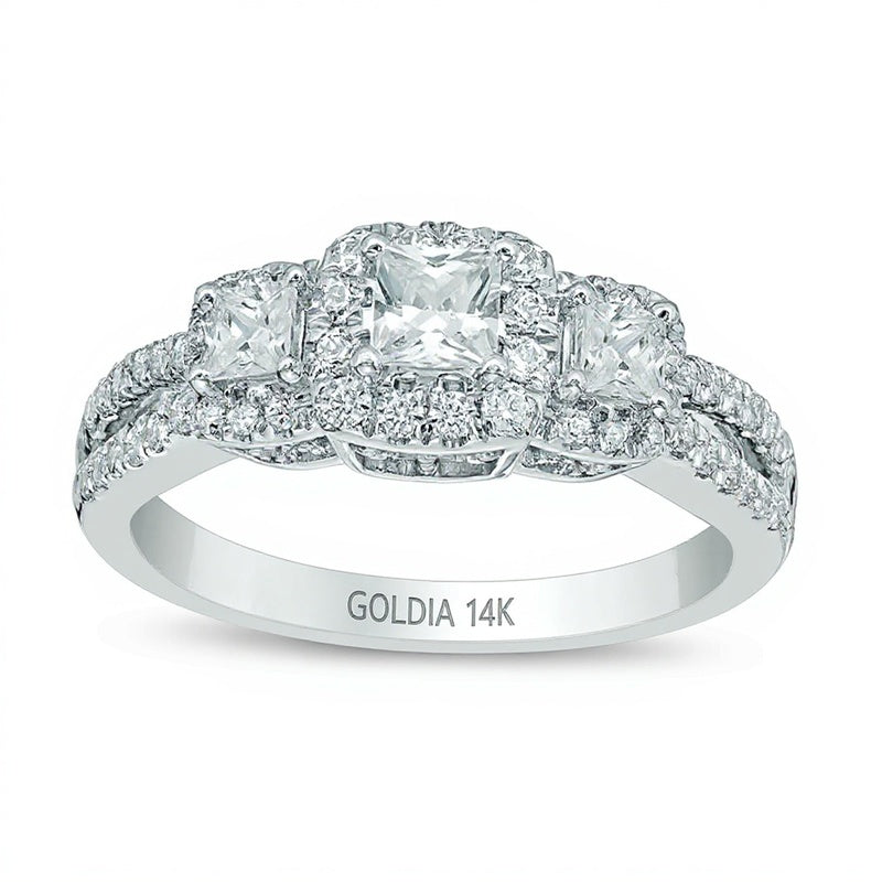 1.0 ct. Gesamtgewicht Verlobungsring im Vintage-Stil mit Diamanten im Princess-Schliff und Dreistein-Design in 14K Weißgold für Damen