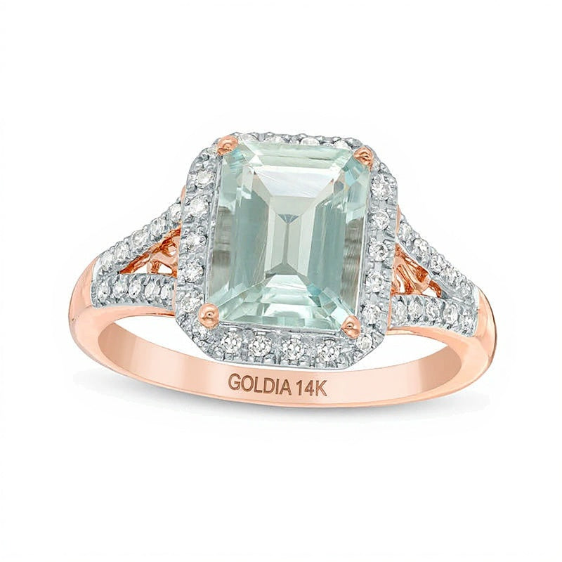 Ring mit Aquamarin im Smaragdschliff und 0.17 ct. Gesamtgewicht Diamanten in 14K Roségold