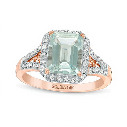 Ring mit Aquamarin im Smaragdschliff und 0.17 ct. Gesamtgewicht Diamanten in 14K Roségold