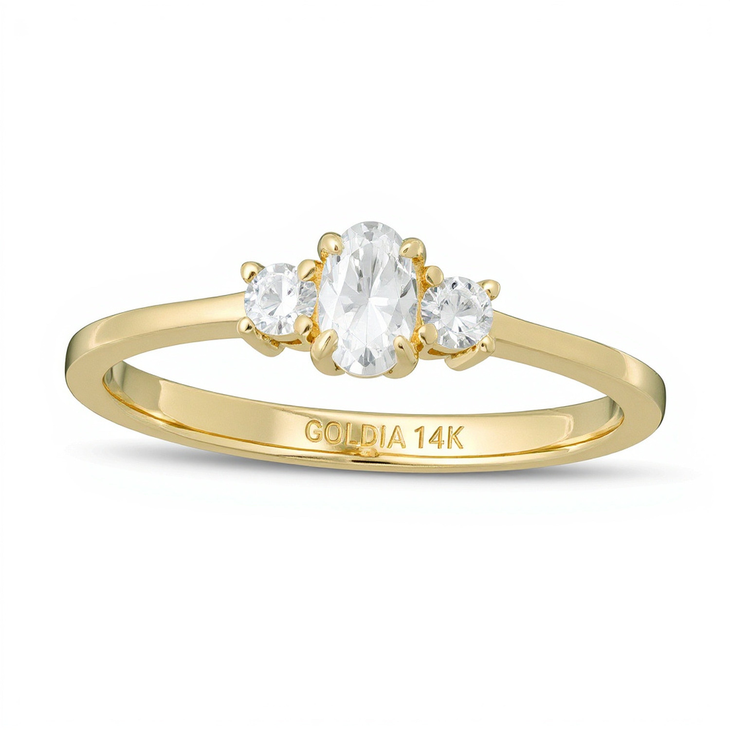0.5 ct. Gesamtgewicht Dreistein-Verlobungsring mit Diamanten in oval und rund aus 14K Gelbgold