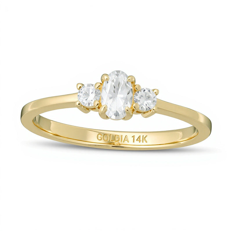 0.5 ct. Gesamtgewicht Dreistein-Verlobungsring mit Diamanten in oval und rund aus 14K Gelbgold