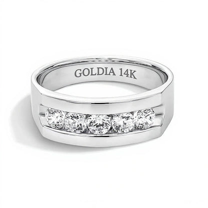 Memoire-Ring mit fünf Diamanten im rundem Schliff, kanalgefasst, 1.0 ct. Gesamtgewicht, in 14K Weißgold