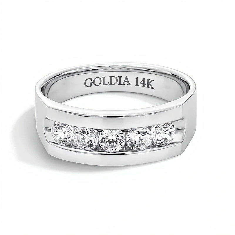 Memoire-Ring mit fünf Diamanten im rundem Schliff, kanalgefasst, 1.0 ct. Gesamtgewicht, in 14K Weißgold
