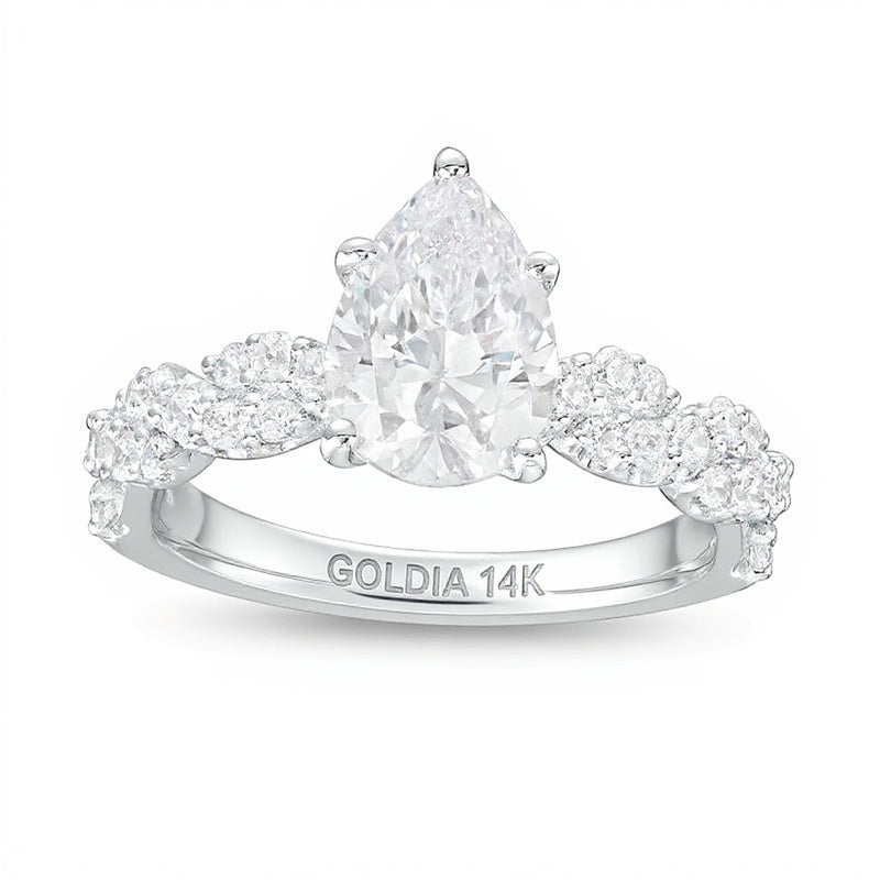 2.0 CT. Gesamtgewicht Verlobungsring Solitär mit seitlichem Besatz mit tropfenförmigem Labordiamant in 14K Weißgold (F/VS2)