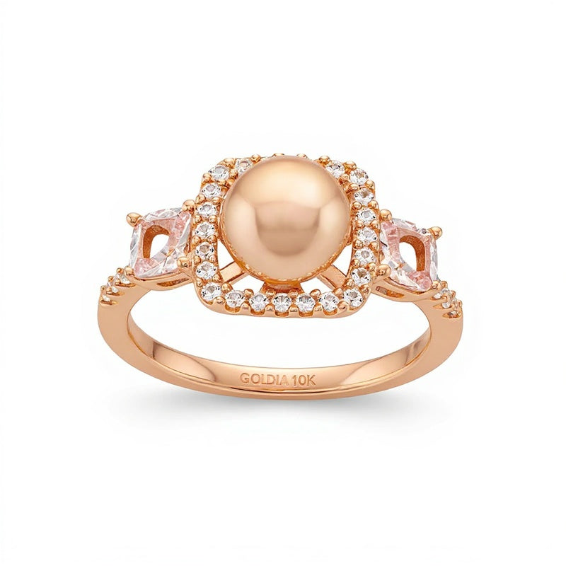 Dreistein-Ring mit 0,2 ct. Gesamtgewicht Diamant, weißem Labor-Saphir und Süßwasser-Zuchtperle in 10K Roségold