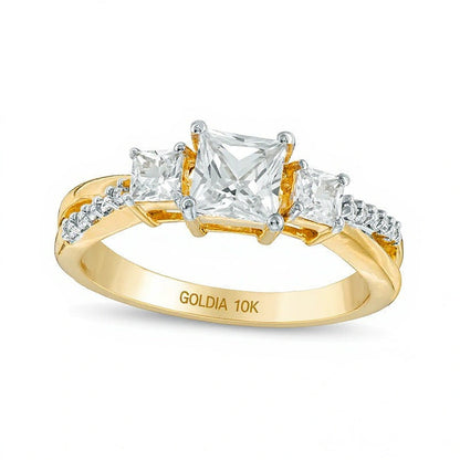 Dreistein-Ring mit weißen Saphiren im Princess-Schliff in 10K Gelbgold