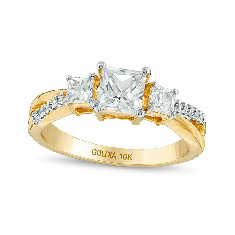 Dreistein-Ring mit weißen Saphiren im Princess-Schliff in 10K Gelbgold