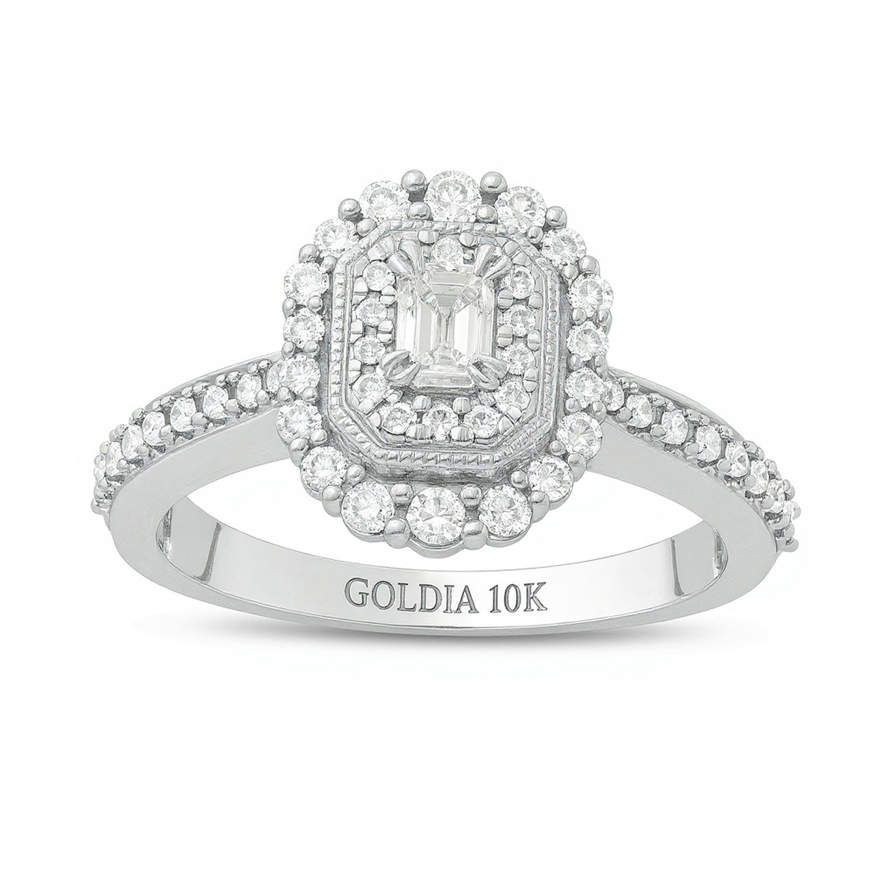 Verlobungsring im Vintage-Stil mit Diamanten im Smaragdschliff 0,63 ct. Gesamtgewicht und doppeltem Halo in 10K Weißgold für Damen