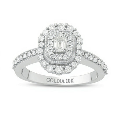 Verlobungsring im Vintage-Stil mit Diamanten im Smaragdschliff 0,63 ct. Gesamtgewicht und doppeltem Halo in 10K Weißgold für Damen