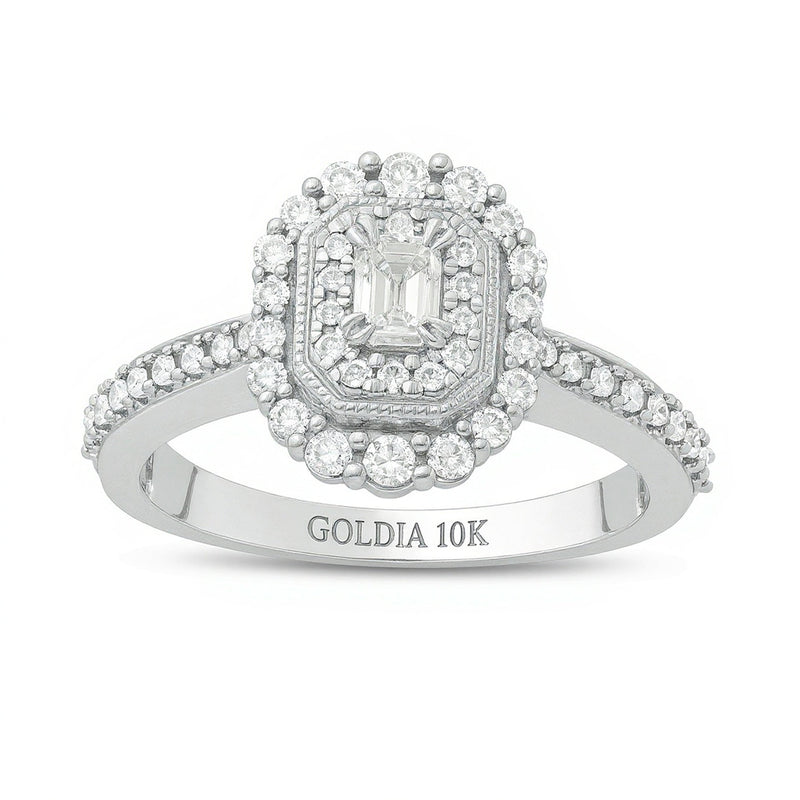 Verlobungsring im Vintage-Stil mit Diamanten im Smaragdschliff 0,63 ct. Gesamtgewicht und doppeltem Halo in 10K Weißgold für Damen