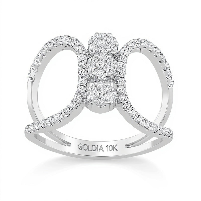 0.63 ct. Gesamtgewicht Multi-Diamant Ring mit linearen Blüten und offener Ringschiene aus 10K Weißgold