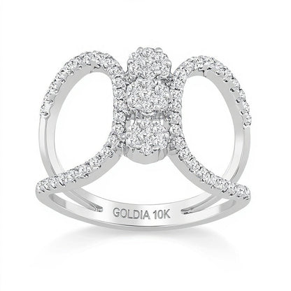 0.63 ct. Gesamtgewicht Multi-Diamant Ring mit linearen Blüten und offener Ringschiene aus 10K Weißgold