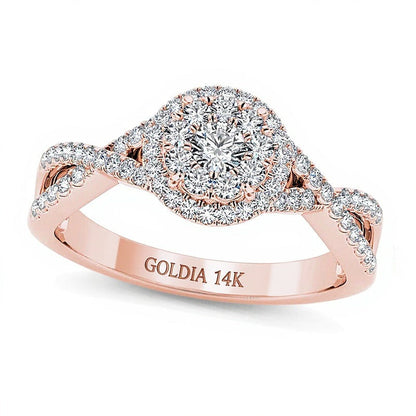 0.5 ct. Gesamtgewicht Diamant-Verlobungsring Halo mit gedrehter Ringschiene in 14K Roségold