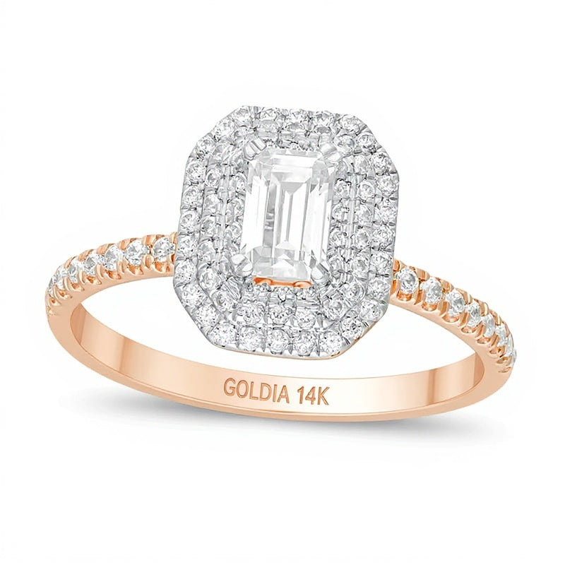 0,75 ct. Gesamtgewicht Verlobungsring mit weißen Diamanten im Smaragdschliff und doppeltem Halo in 14K Roségold