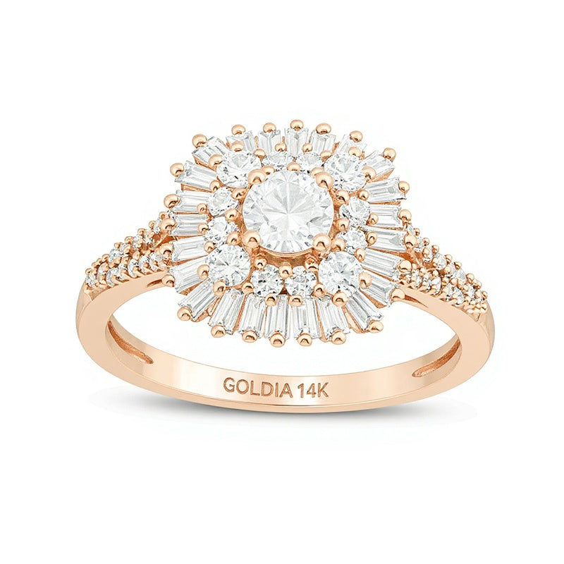 1.0 CT. TW Halo-Ring mit Diamanten in Baguette und rund in 14K Roségold