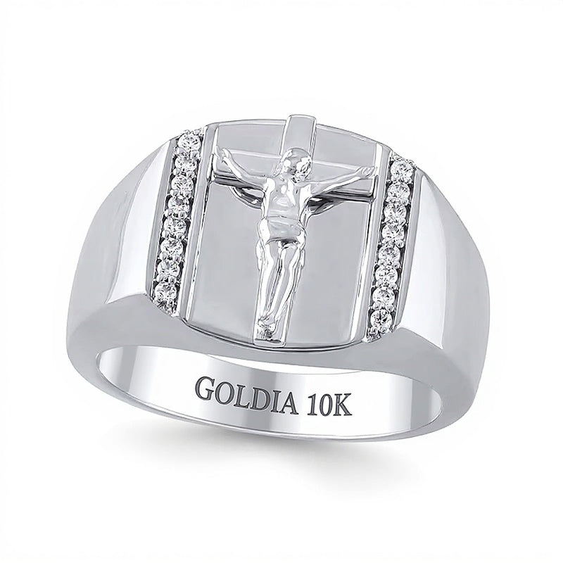 0.17 ct. Gesamtgewicht Diamant-Kruzifix-Ring mit rechteckiger Oberseite in 10K Weißgold