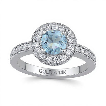 6.0mm Aquamarin und Labordiamant im Vintage-Stil mit Halo, 0,38 ct. Gesamtgewicht, in 14K Weißgold