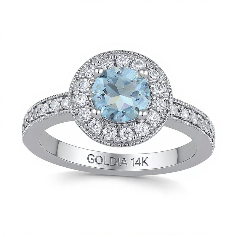 6.0mm Aquamarin und Labordiamant im Vintage-Stil mit Halo, 0,38 ct. Gesamtgewicht, in 14K Weißgold