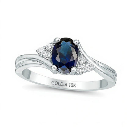 Freundschaftsring mit ovalem blauem Labor-Saphir und 0,1 ct. Gesamtgewicht Diamanten in 10K Weißgold