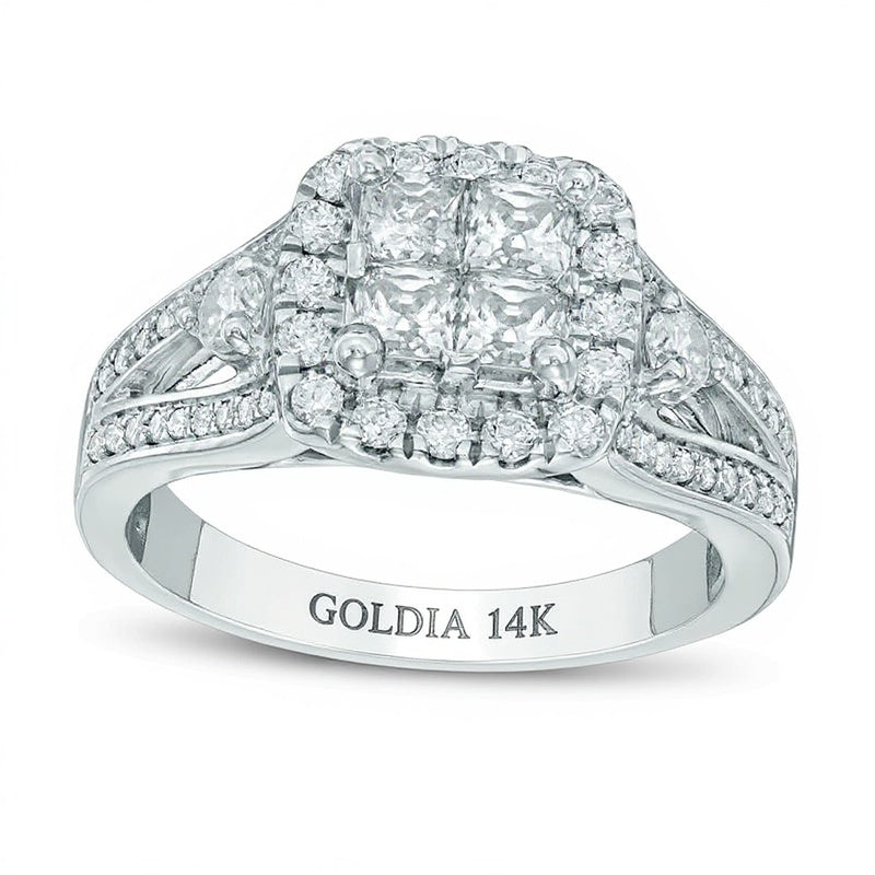 Verlobungsring mit 1.25 ct. Gesamtgewicht Diamanten im Princess- und Rundschliff in 14K Weißgold
