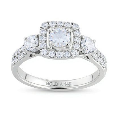 Dreistein-Verlobungsring mit Diamanten 1.17 ct. Gesamtgewicht, rund & Kissenschliff, in 14K Weißgold