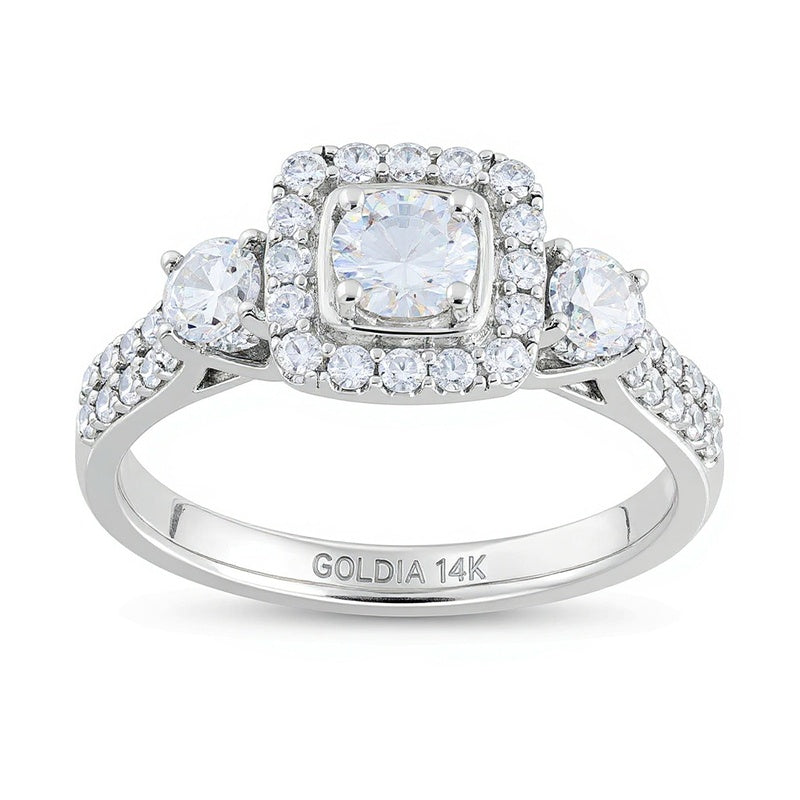 Dreistein-Verlobungsring mit Diamanten 1.17 ct. Gesamtgewicht, rund & Kissenschliff, in 14K Weißgold
