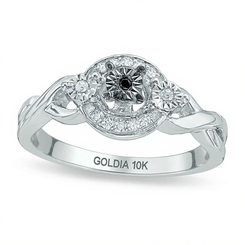0.1 CT. Gesamtgewicht behandelter schwarzer und weißer Diamant Dreistein Freundschaftsring mit Flechtdesign in 10K Weißgold