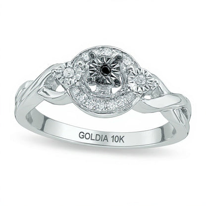 0.1 CT. Gesamtgewicht behandelter schwarzer und weißer Diamant Dreistein Freundschaftsring mit Flechtdesign in 10K Weißgold
