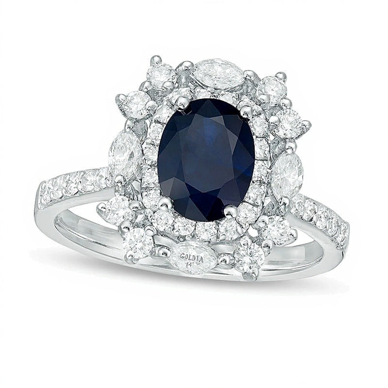 Ring mit ovalem blauem Saphir und 1.0 ct. Gesamtgewicht Diamanten im Vintage-Stil mit kissenförmigem Sternenrahmen in 14K Weißgold