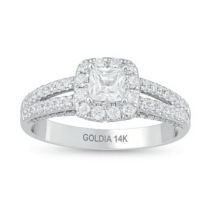 Halo-Verlobungsring mit weißen Diamanten in Princess- und Rundschliff aus 14K Weißgold
