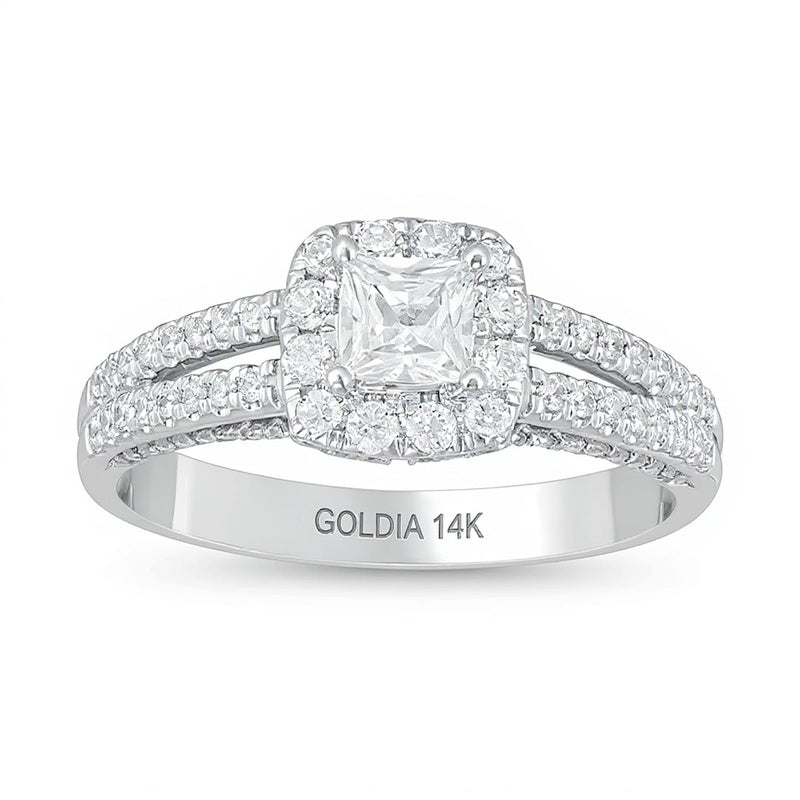 Halo-Verlobungsring mit weißen Diamanten in Princess- und Rundschliff aus 14K Weißgold