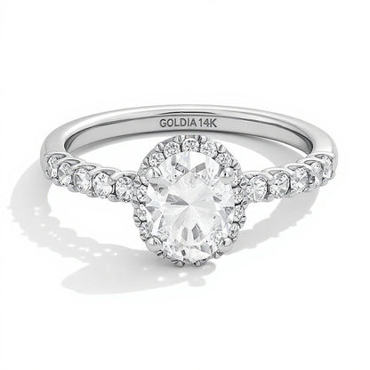 Halo-Ring mit ovalem Labordiamant 1.5 CT. Gesamtgewicht in 14K Weißgold (F/SI2)