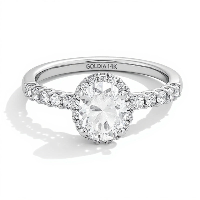 Halo-Ring mit ovalem Labordiamant 1.5 CT. Gesamtgewicht in 14K Weißgold (F/SI2)