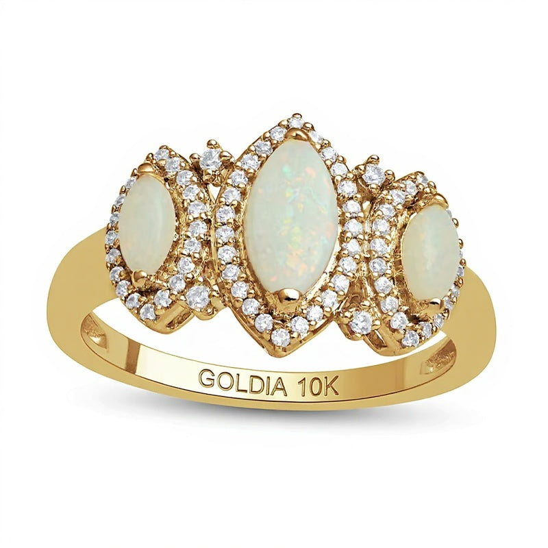 Dreistein-Ring mit Labor-Opal im Marquise-Schliff und 0.2 ct. Gesamtgewicht Diamanten in 10K Gelbgold