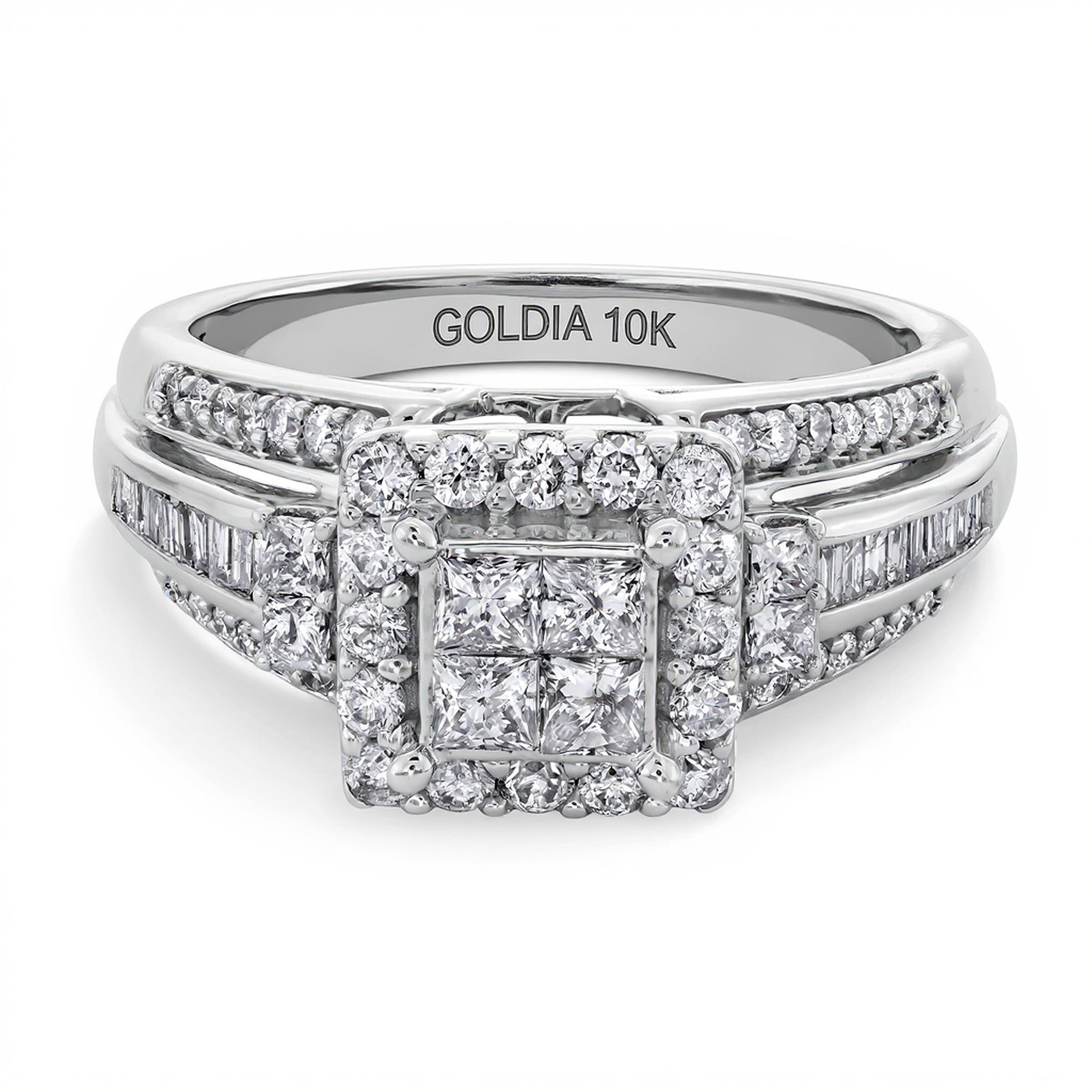 1.0 CT. Gesamtgewicht Verlobungsring mit vier Diamanten im Princess-Schliff und Rahmen in 10K Weißgold