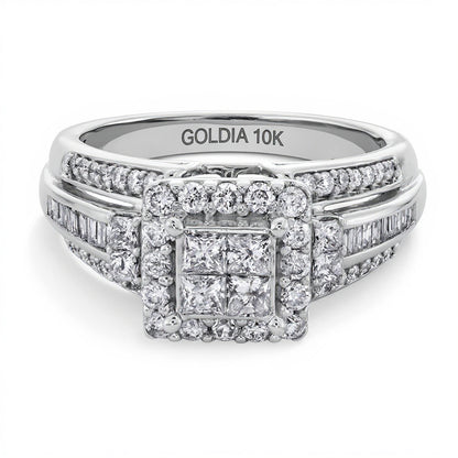 1.0 CT. Gesamtgewicht Verlobungsring mit vier Diamanten im Princess-Schliff und Rahmen in 10K Weißgold