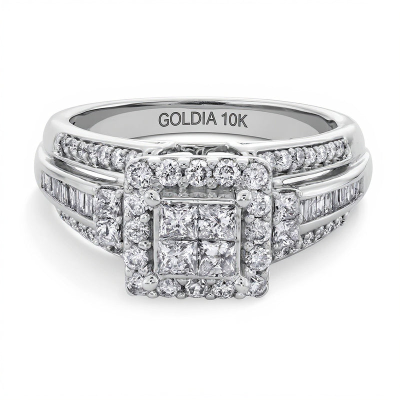 1.0 CT. Gesamtgewicht Verlobungsring mit vier Diamanten im Princess-Schliff und Rahmen in 10K Weißgold