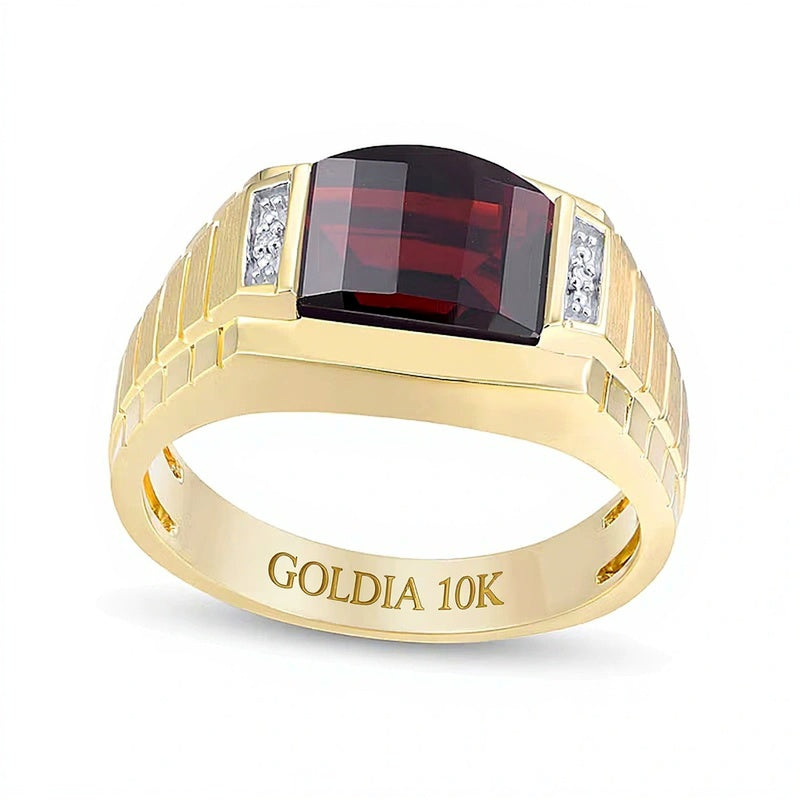 Fashion-Ring mit fassförmigem Granat und Diamant-Besatz, geripptem Ringschienenprofil und Komfortschliff in 10K Gelbgold