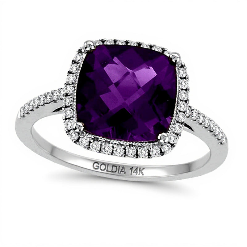 9,0mm Amethyst im Kissenschliff und 0,25 ct. Gesamtgewicht Diamant Halo-Ring in 14K Weißgold