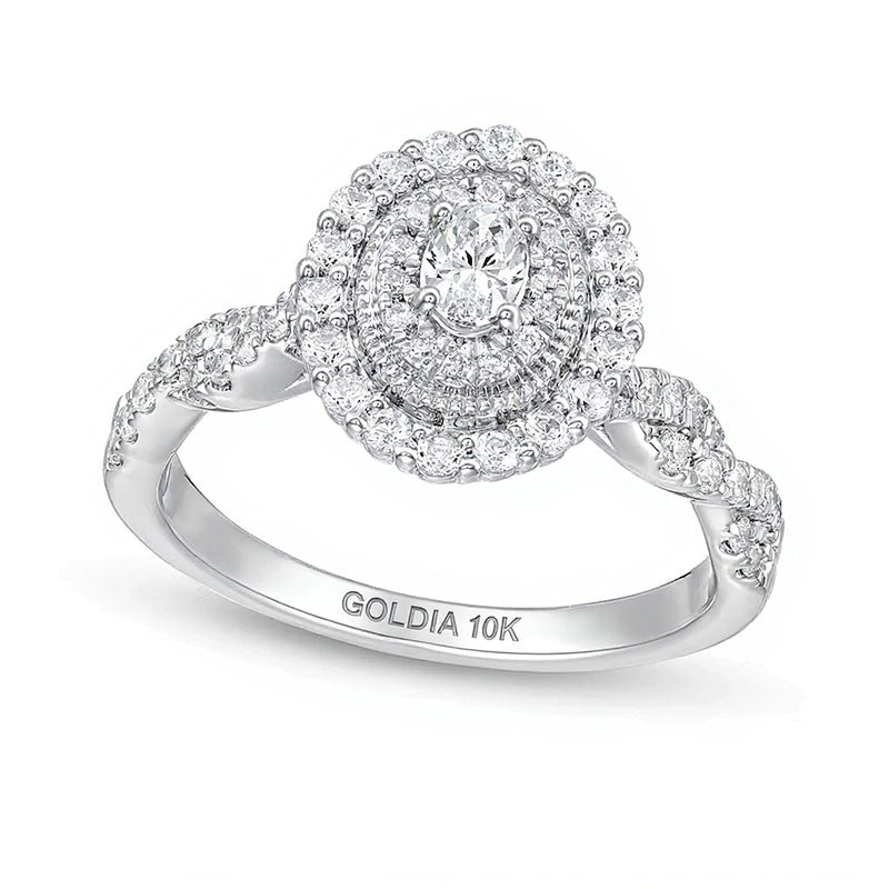 0.63 ct. Gesamtgewicht Verlobungsring mit Diamanten in Oval und rund im Vintage-Stil mit gedrehter Ringschiene aus 10K Weißgold