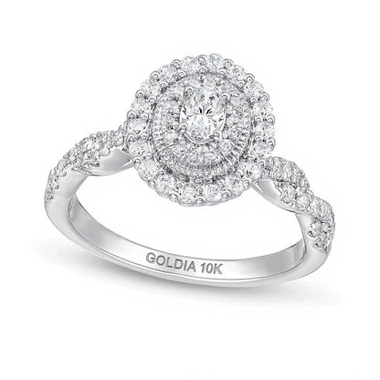 0.63 ct. Gesamtgewicht Verlobungsring mit Diamanten in Oval und rund im Vintage-Stil mit gedrehter Ringschiene aus 10K Weißgold