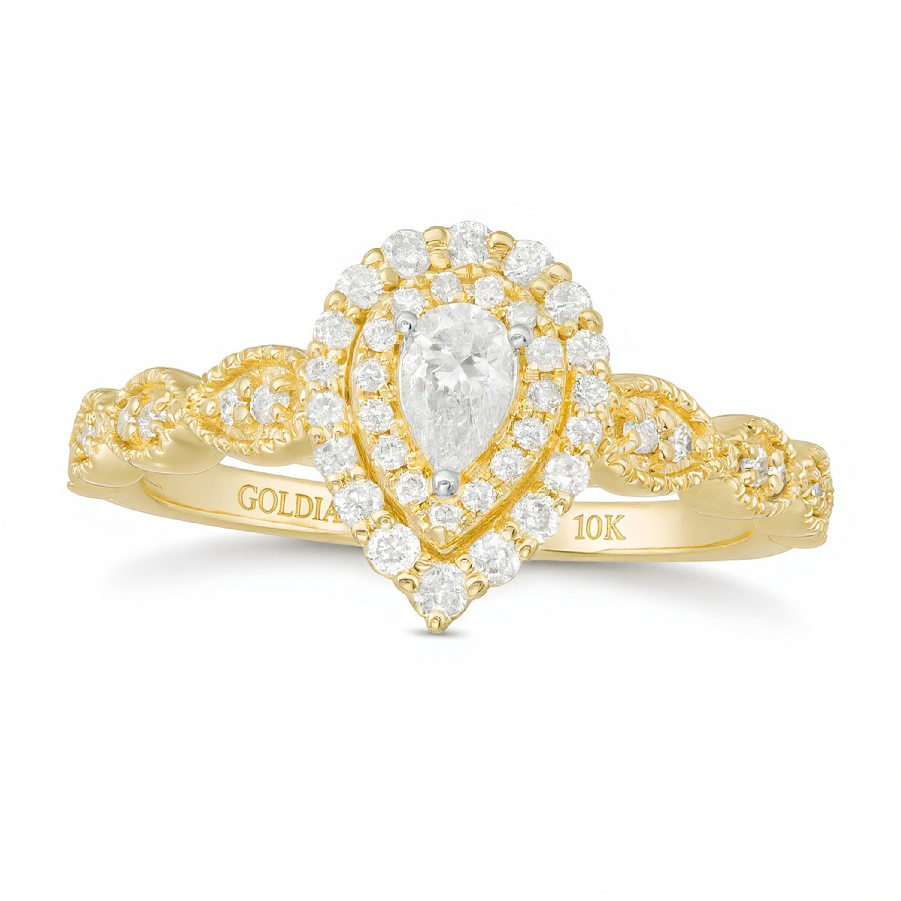 0,38 ct. Gesamtgewicht Verlobungsring mit tropfenförmigem Diamant im Halo-Design im Art-déco-Vintage-Stil in 10K Gelbgold