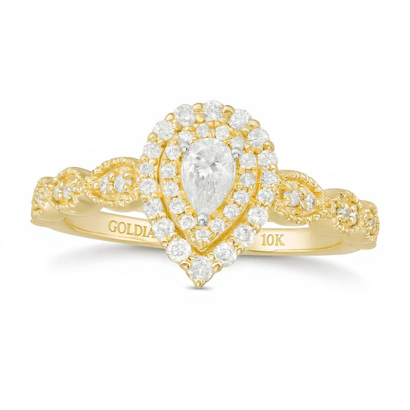 0,38 ct. Gesamtgewicht Verlobungsring mit tropfenförmigem Diamant im Halo-Design im Art-déco-Vintage-Stil in 10K Gelbgold
