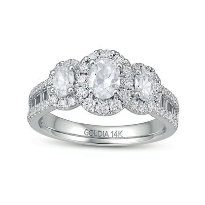 Dreistein-Verlobungsring mit ovalen und runden Diamanten in 14K Weißgold, 1.5 ct. Gesamtgewicht