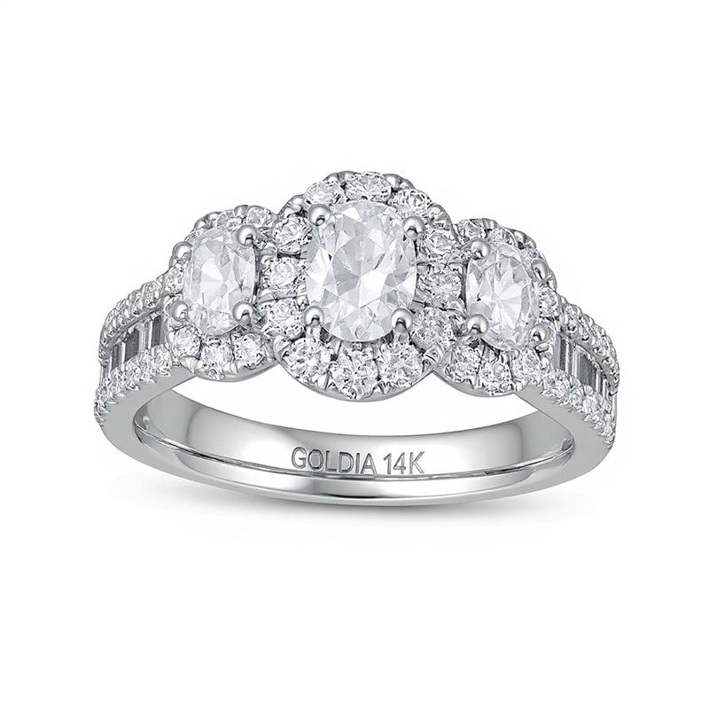 Dreistein-Verlobungsring mit ovalen und runden Diamanten in 14K Weißgold, 1.5 ct. Gesamtgewicht